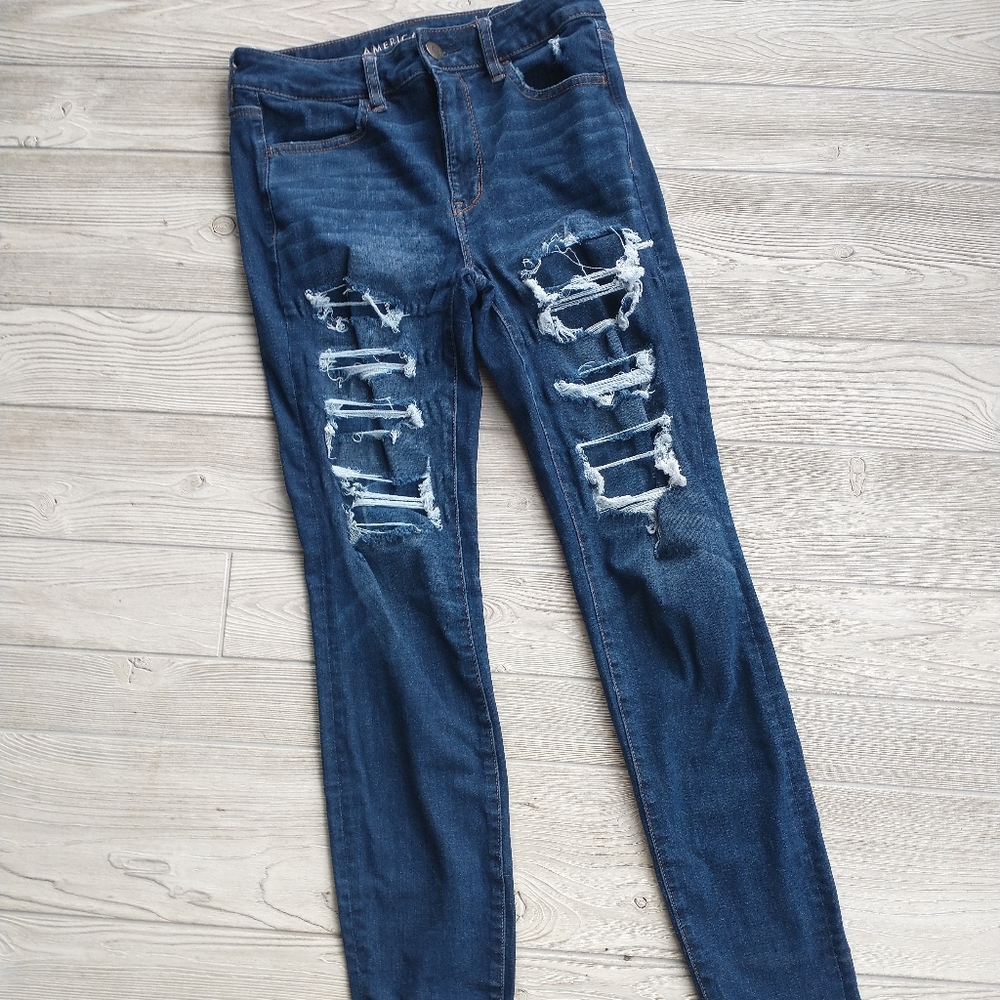 American Eagle Outfitters High Rise Jegging Jeans Blue Distressed Sz 8 Long